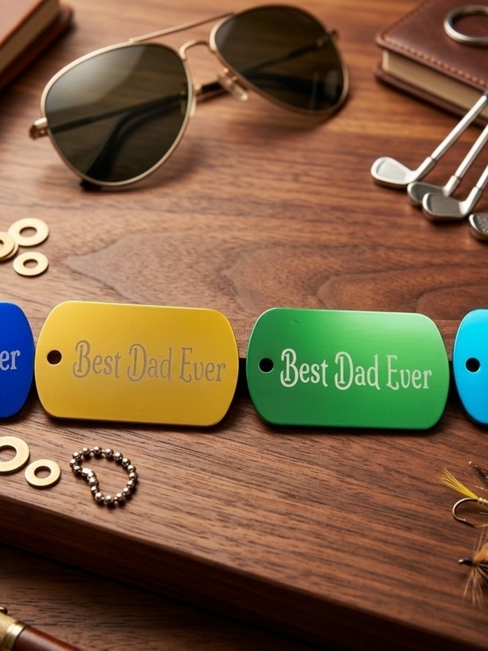 Best Dad Ever Metal Dog Tag Keychain - Green & Yellow